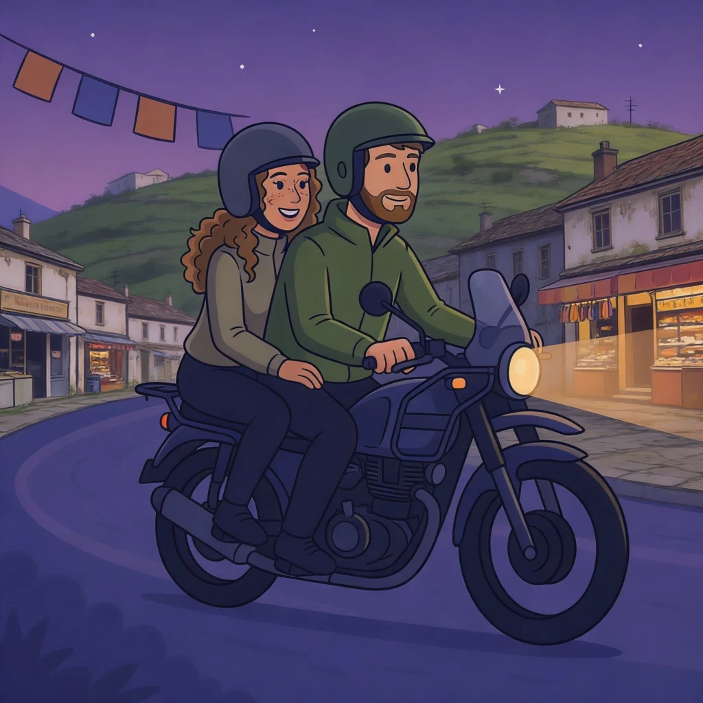 Couple riding motorcycle at dusk.