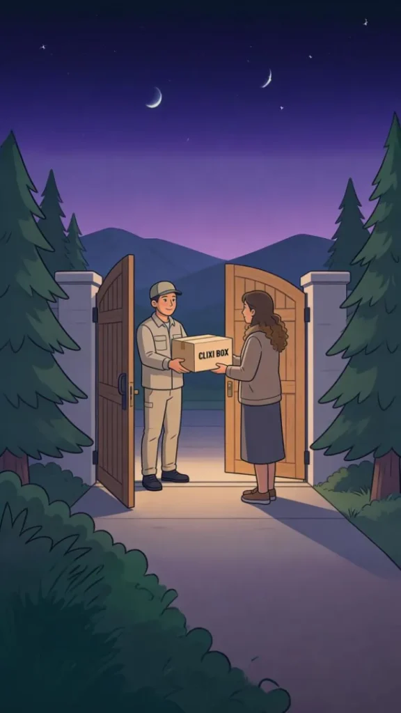Flat vector illustration in soft twilight tones with wide composition. A delivery person standing at an open wooden gate, handing a parcel to a resident. The camera angle is slightly wide, showing pine trees framing both sides and mountains in the background. Lavender-to-indigo sky gradient. Neutral clothing tones. Minimal black “CLIXI BOX” typography on beige parcel. No heavy lighting. No exaggerated colors. Calm and cinematic.